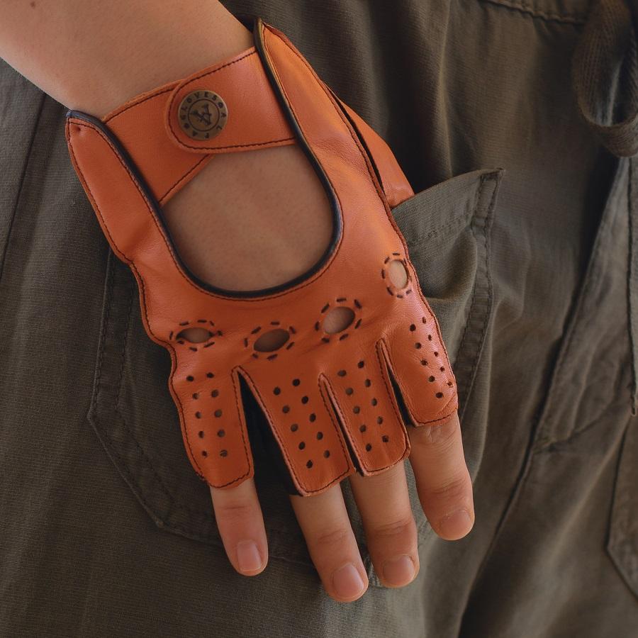 Women's hairsheep leather fingerless gloves ORANGEBLACK Driving